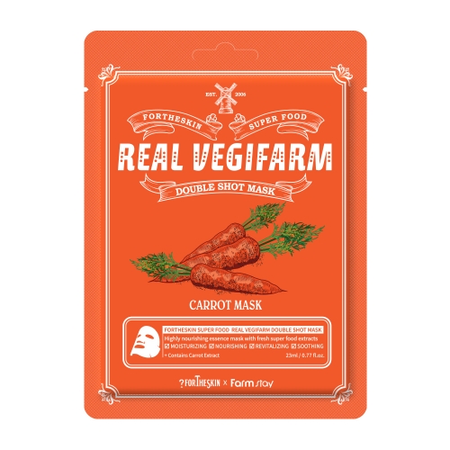 Питательная маска для чувствительной кожи с экстрактом моркови FORTHESKIN Super Food Real Vegifarm Double Shot Mask Carrot